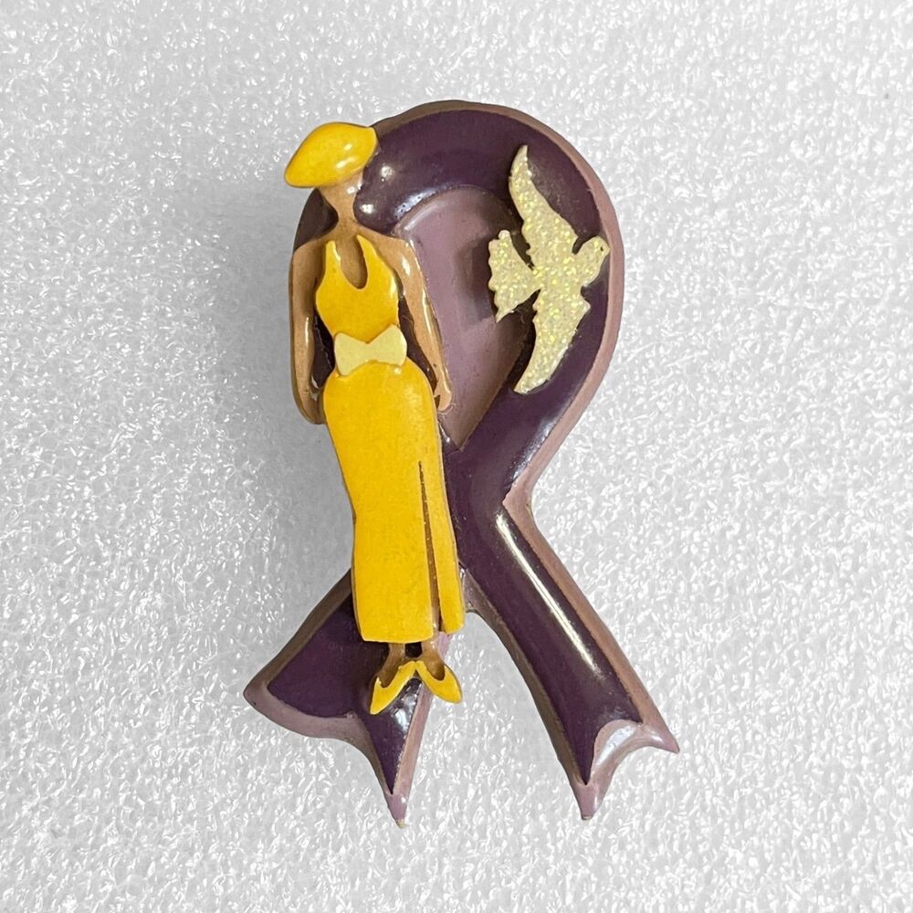 VTG Lucinda Brooch Pin Purple Awareness Ribbon Woman Yellow Dress Dove Handmade